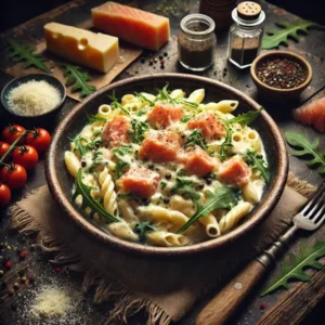 Een rustieke foodfoto van romige pasta met zalm en rucola, geserveerd in een diepe kom op een houten tafel, gegarneerd met Parmezaanse kaas en zwarte peper, met verse zalm en rucola eromheen.