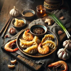 Een rustieke foodfoto van snel bereide pangsit gevuld met varkensgehakt en garnalen, goudbruin gebakken en geserveerd met een kommetje gembersaus op een houten tafel, met verse gember, garnalen en lente-ui eromheen.