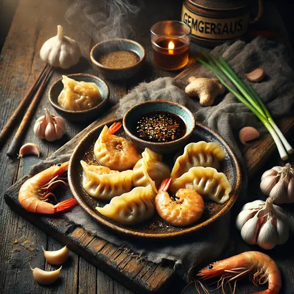 Een rustieke foodfoto van snel bereide pangsit gevuld met varkensgehakt en garnalen, goudbruin gebakken en geserveerd met een kommetje gembersaus op een houten tafel, met verse gember, garnalen en lente-ui eromheen.