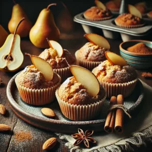 Een rustieke foodfoto van speculaas-peren muffins met amandelmeel, goudbruin gebakken in papiertjes, geserveerd op een bord met poedersuiker, kaneelstokjes, peren en amandelen eromheen.