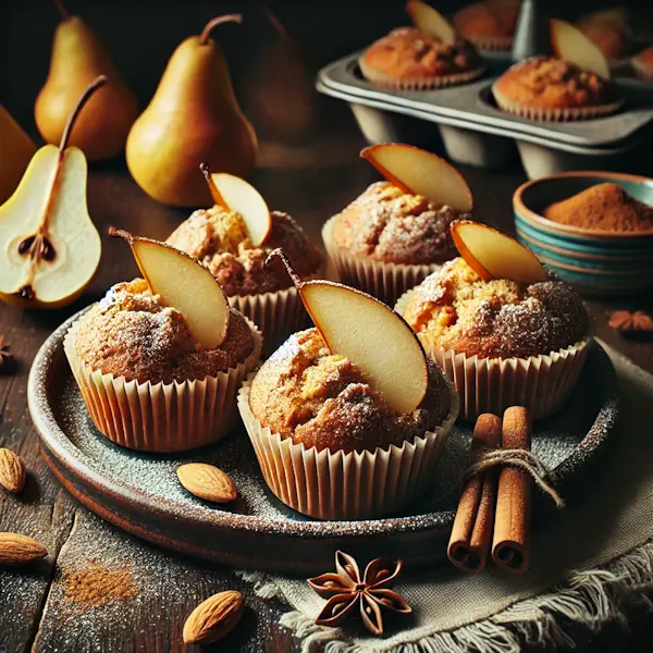 Een rustieke foodfoto van speculaas-peren muffins met amandelmeel, goudbruin gebakken in papiertjes, geserveerd op een bord met poedersuiker, kaneelstokjes, peren en amandelen eromheen.
