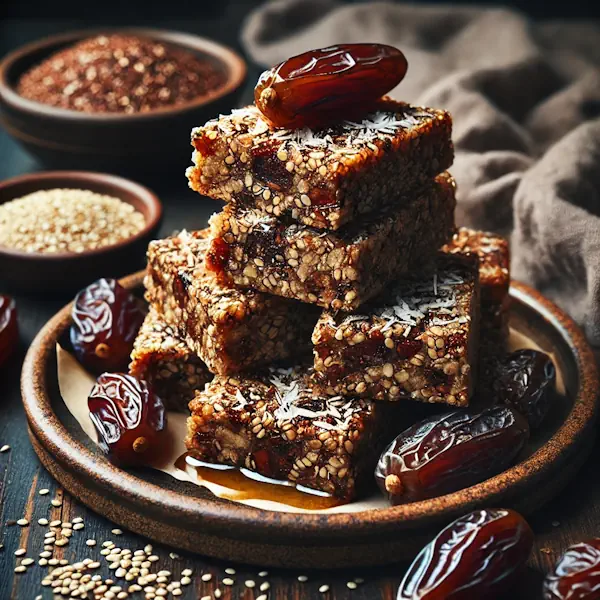 Een rustieke foodfoto van quinoabars met dadel en kokos, rechthoekig gesneden en opgestapeld op een bord, met zichtbare quinoa, dadelstukjes en geraspte kokos, geserveerd op een houten tafel met losse ingrediënten eromheen.