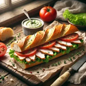 Stokbroodje met gerookte kipfilet op rustieke houten tafel