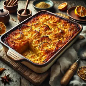 Surinamese pom casserole with chicken on a rustic wooden table