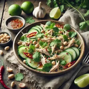 Thaise kipsalade van Hetty van Es op rustieke houten tafel