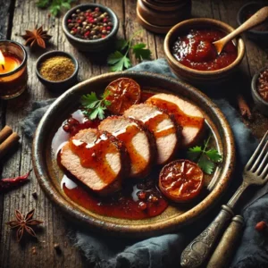 Een rustieke foodfoto van varkenshaas in plakjes geserveerd met een glanzende zoetzure chutneysaus, op een keramisch bord op een houten tafel met kommetjes chutney, kruiden en specerijen eromheen.