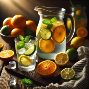 Een rustieke foodfoto van een karaf en glas gevuld met citruswater, met schijfjes sinaasappel, limoen en citroen, ijsblokjes en munt, geserveerd op een houten tafel met verse citrusvruchten eromheen.