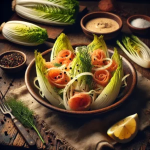 Een rustieke foodfoto van witlofsalade met linten gerookte zalm, dille en romige whiskeysaus, geserveerd in een kom op een houten tafel met citroen en witlof eromheen.