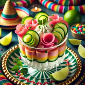 Een kleurrijke Mexicaans geïnspireerde presentatie van zachte kaas met stukjes ham en frisse komkommer, elegant geserveerd in kleine glazen met een vleugje limoen.