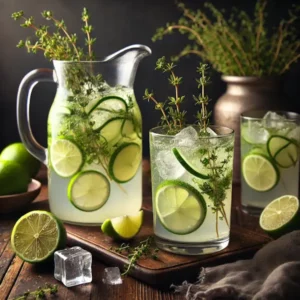 Een rustieke foodfoto van huisgemaakte limoenlimonade met komkommerlinten, limoenschijfjes en takjes tijm, geserveerd in een karaf en glas met ijsblokjes, op een houten tafel met verse ingrediënten eromheen.