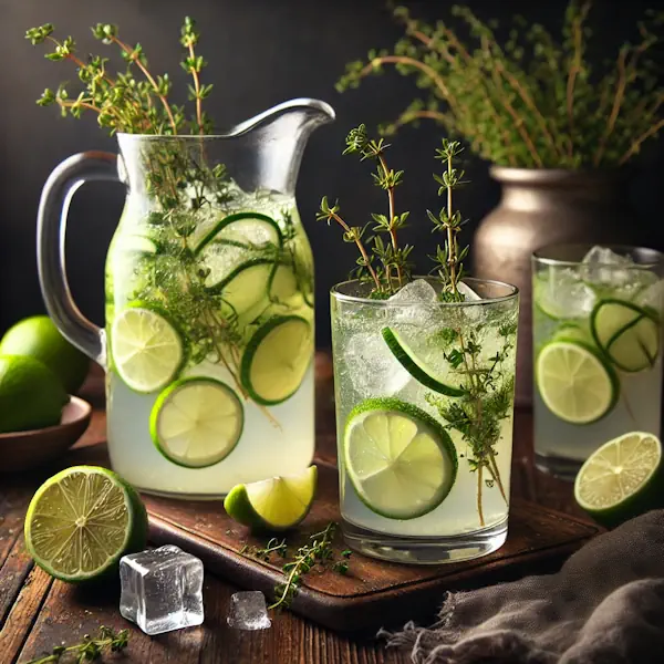 Een rustieke foodfoto van huisgemaakte limoenlimonade met komkommerlinten, limoenschijfjes en takjes tijm, geserveerd in een karaf en glas met ijsblokjes, op een houten tafel met verse ingrediënten eromheen.