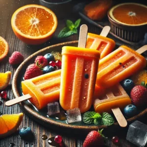 Een rustieke foodfoto van feloranje fruitijsjes met sinaasappelsmaak, deels gevuld met stukjes sinaasappel en bessen, geserveerd op een bord op een houten tafel met vers fruit en muntblaadjes eromheen.