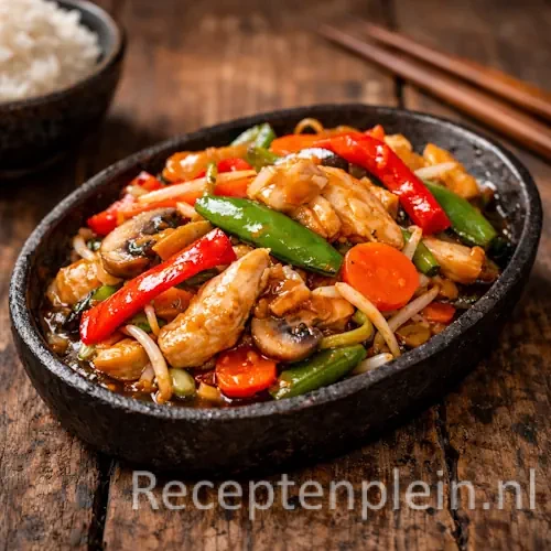 Snelle tjap tjoy met kip in een wok op een rustieke houten tafel