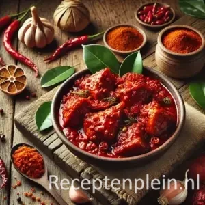 Hyper-realistische foodfoto van Ajam Bali met kipstukken in een helderrode, kruidige sambalsaus geserveerd in een rustieke aardewerken schaal met een subtiele bananenblad-accent. De schaal staat op een houten plank op een robuuste houten tafel. Rondom liggen rode pepers, knoflook, specerijen, limoen en een linnen doek. Warm natuurlijk daglicht benadrukt de glans van de saus en de rijke textuur van de kruiden voor een levendige, premium foodmagazine uitstraling.