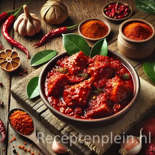 Hyper-realistische foodfoto van Ajam Bali met kipstukken in een helderrode, kruidige sambalsaus geserveerd in een rustieke aardewerken schaal met een subtiele bananenblad-accent. De schaal staat op een houten plank op een robuuste houten tafel. Rondom liggen rode pepers, knoflook, specerijen, limoen en een linnen doek. Warm natuurlijk daglicht benadrukt de glans van de saus en de rijke textuur van de kruiden voor een levendige, premium foodmagazine uitstraling.