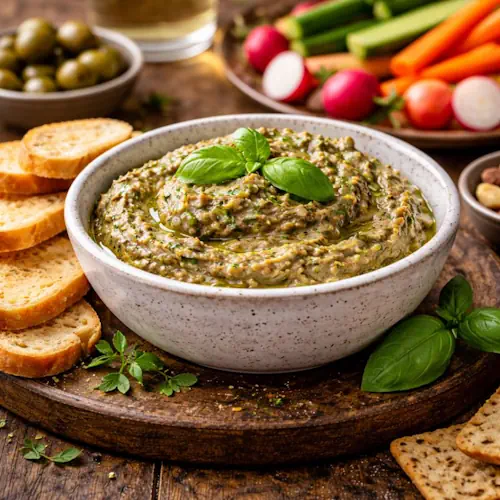 Romige ansjovispasta met basilicum in een rustiek schaaltje, geserveerd met geroosterd stokbrood, verse groenten en olijven op een houten tafel in borrelsfeer.