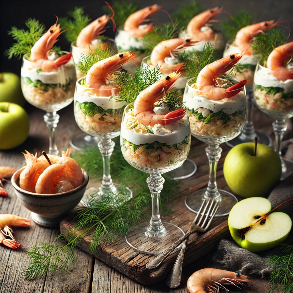 Aperitiefglaasjes met laagjes geraspte appel, dille en een romig garnalenmengsel, afgewerkt met een takje dille en geserveerd op een rustieke houten tafel met decoratie van appels en garnalen.