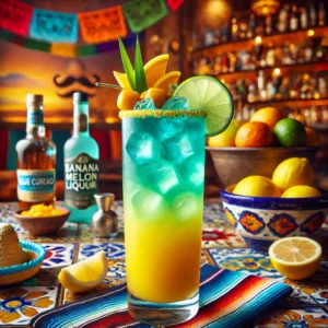 Een Mexicaans gepresenteerde cocktail genaamd 'Aqua Thunder', geserveerd in een hoog longdrinkglas. Het drankje heeft een gelaagde kleurenmix met tinten blauw, geel en groen, gemaakt van blue curaçao, bananenlikeur, meloenlikeur, citroensap en spuitwater. Het glas is gevuld met ijsblokjes en gegarneerd met een klein schijfje citroen. De tafel is versierd met kleurrijke Mexicaanse textiel, een schaal met citrusvruchten en feestelijke accenten zoals een decoratieve sombrero. De achtergrond toont een levendige Mexicaanse setting met rustieke accenten, terracottategels en warm licht. Er zijn geen teksten of etiketten zichtbaar op glazen, flessen of oppervlakken.