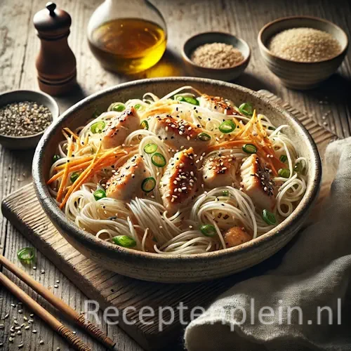 Natuurgetrouwe foodfoto van aromatische sesam-kip mihoen geserveerd in een brede keramische kom op een rustieke houten tafel. Fijne rijstvermicelli is gemengd met goudbruin gebakken kipreepjes, geroosterde sesamzaadjes, julienne wortel, taugé en lente-ui. De noedels glanzen licht van de sesamolie en er stijgt subtiel stoom op. Naast de kom liggen houten eetstokjes, een schaaltje extra sesamzaad en een linnen doek, gefotografeerd in fris natuurlijk daglicht met een authentieke, huiselijke uitstraling.