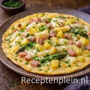 Aspergeomelet met ham en aardappels op een rustieke houten tafel.