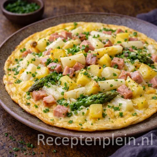 Aspergeomelet met ham en aardappels op een rustieke houten tafel.