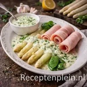 Asperges met frisse knoflooksaus op rustieke houten tafel
