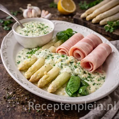 Asperges met frisse knoflooksaus op rustieke houten tafel