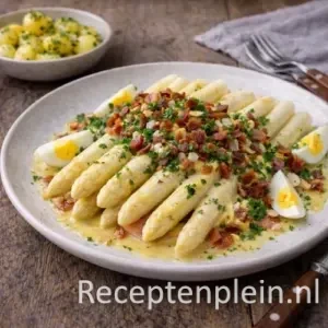 Asperges met knapperige bacon op een rustieke houten tafel