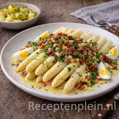 Asperges met knapperige bacon op een rustieke houten tafel