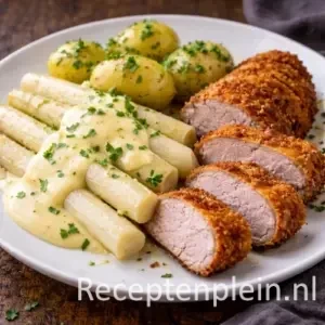 asperges met krokant varkenshaasje op een rustieke houten tafel.