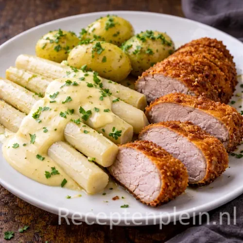 asperges met krokant varkenshaasje op een rustieke houten tafel.