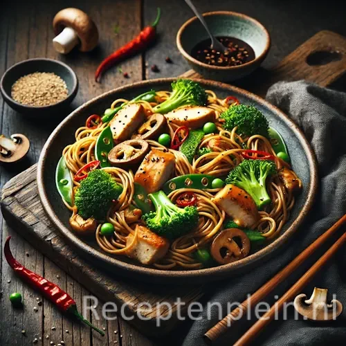 Hyper-realistische foodfoto van Aziatische kip roerbakmie met broccoli en shiitake: glanzende roergebakken noedels met goudbruin aangebakken kipstukjes, heldergroene broccoliroosjes en gesneden shiitake paddenstoelen in een hartige sojasaus. Geserveerd op een brede stenen schaal op een rustieke houten tafel, licht uitgezoomd zodat de houtstructuur duidelijk zichtbaar is. De compositie heeft een donkerdere, sfeervolle belichting met subtiele stoom boven het gerecht. Naast het bord liggen houten eetstokjes, een schaaltje sesamzaad en een gietijzeren wok op de achtergrond, voor een authentieke premium food magazine uitstraling.