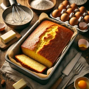 Luchtige boter cake met een goudbruine korst in een bakvorm op een rustieke tafel, omringd door ingrediënten als boter, suiker, bloem en eieren – een klassieke 4/4 cake, eenvoudig te maken en perfect als basis cake recept.