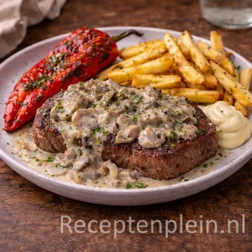 Biefstuk met romige champignonsaus, geserveerd met krokante frieten en een gegrilde rode puntpaprika op een rustieke houten tafel.