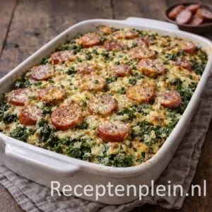 Boerenkoolgratin met rookworst op een rustieke houten tafel.