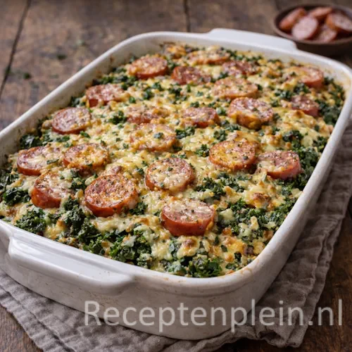 Boerenkoolgratin met rookworst op een rustieke houten tafel.