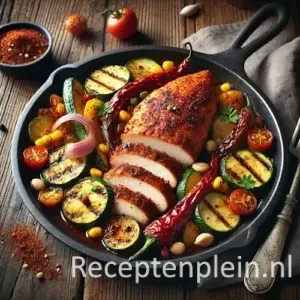 Hyper-realistische foodfoto van Cajunkip met gemengde groenten op een donker bord op een rustieke houten tafel. De gegrilde kipfilet is in plakken gesneden en bedekt met een kruidige roodbruine Cajunkorst, omringd door geroosterde paprika, courgette, rode ui, cherrytomaten en maïs met lichte grillstrepen. Het gerecht glanst subtiel van braadvocht en is afgewerkt met verse kruiden. Warm natuurlijk belicht met een rijke, zuiderse sfeer.