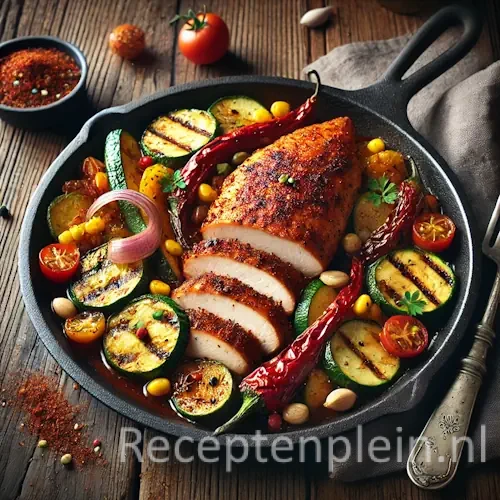 Hyper-realistische foodfoto van Cajunkip met gemengde groenten op een donker bord op een rustieke houten tafel. De gegrilde kipfilet is in plakken gesneden en bedekt met een kruidige roodbruine Cajunkorst, omringd door geroosterde paprika, courgette, rode ui, cherrytomaten en maïs met lichte grillstrepen. Het gerecht glanst subtiel van braadvocht en is afgewerkt met verse kruiden. Warm natuurlijk belicht met een rijke, zuiderse sfeer.