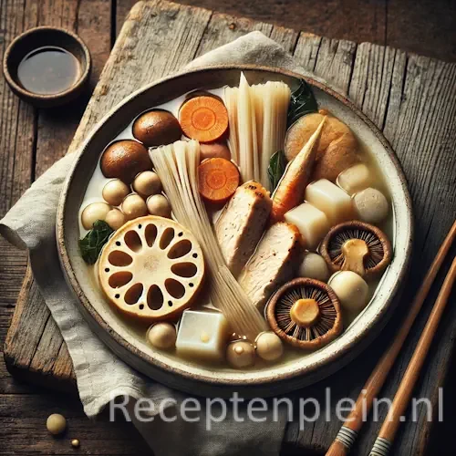 Natuurgetrouwe foodfoto van Chikuzen-ni in een eenvoudige, licht versleten keramische kom op een rustieke houten tafel. De gestoofde kip, lotuswortel, wortel, shiitake, bamboescheuten en konnyaku liggen losjes en onregelmatig in een lichte sojagekleurde bouillon zonder overdreven glans. De snijvlakken zijn ongelijk, met kleine spatten bouillon op de rand van de kom. Houten eetstokjes liggen nonchalant naast een gekreukte linnen doek, zacht belicht door natuurlijk raamlicht met ingetogen, realistische kleuren.
