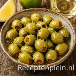 Citroenolijven met vermouth op rustieke houten tafel