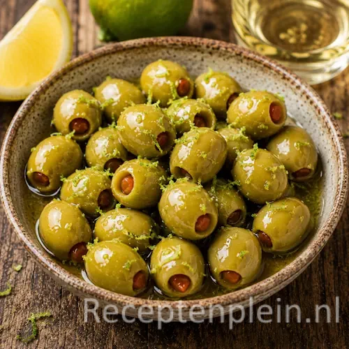 Citroenolijven met vermouth op rustieke houten tafel