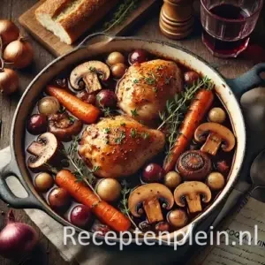 Hyperrealistische foodfoto van Coq au vin geserveerd in een geëmailleerde braadpan op een rustieke houten tafel, licht uitgezoomd zodat het tafelblad goed zichtbaar is. De kip is gestoofd in een diepe roodbruine wijnsaus met pareluitjes, grove wortels, champignons en spekjes, gegarneerd met verse tijm en peterselie. Op tafel liggen een rustiek brood, een houten lepel, uien, een glas rode wijn en een linnen doek in warm natuurlijk keukenlicht met een huiselijke premium foodmagazine uitstraling.