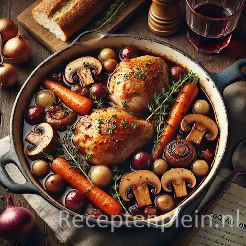 Hyperrealistische foodfoto van Coq au vin geserveerd in een geëmailleerde braadpan op een rustieke houten tafel, licht uitgezoomd zodat het tafelblad goed zichtbaar is. De kip is gestoofd in een diepe roodbruine wijnsaus met pareluitjes, grove wortels, champignons en spekjes, gegarneerd met verse tijm en peterselie. Op tafel liggen een rustiek brood, een houten lepel, uien, een glas rode wijn en een linnen doek in warm natuurlijk keukenlicht met een huiselijke premium foodmagazine uitstraling.