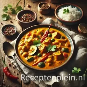 Curry van Astrid Veltman met kip en rijst op rustieke houten tafel