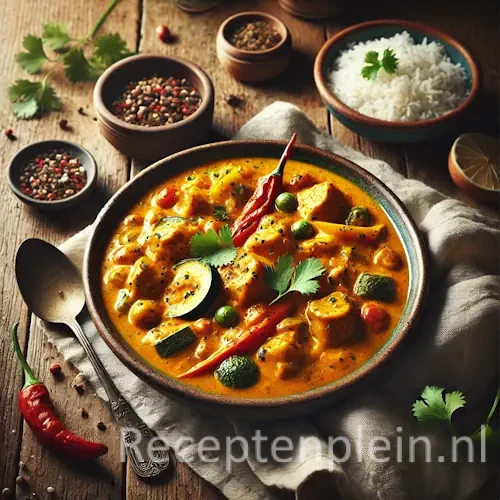 Curry van Astrid Veltman met kip en rijst op rustieke houten tafel