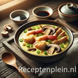 Custard met garnalen shii take en kip in schaaltje op rustieke houten tafel
