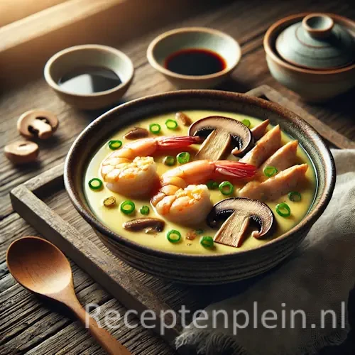 Custard met garnalen shii take en kip in schaaltje op rustieke houten tafel