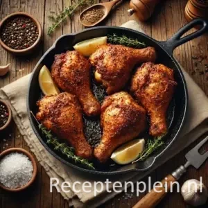 Hyperrealistische foodfoto van drooggebakken kip in een zwarte gietijzeren pan op een rustieke houten tafel, licht uitgezoomd zodat het tafelblad goed zichtbaar is. De kipstukken hebben een diep goudbruine, krokante huid zonder saus of glazuur, bestrooid met grof zeezout en zwarte peper. Gegarneerd met takjes tijm en partjes citroen. Rondom staan schaaltjes met peperkorrels en zout, knoflook, een houten spatel en een linnen doek in warm natuurlijk keukenlicht met een rustieke premium foodmagazine uitstraling.