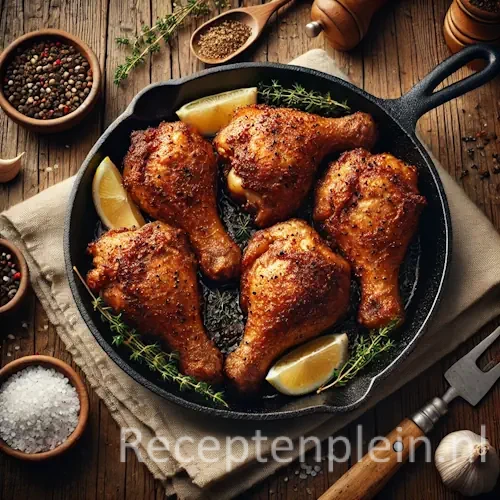Hyperrealistische foodfoto van drooggebakken kip in een zwarte gietijzeren pan op een rustieke houten tafel, licht uitgezoomd zodat het tafelblad goed zichtbaar is. De kipstukken hebben een diep goudbruine, krokante huid zonder saus of glazuur, bestrooid met grof zeezout en zwarte peper. Gegarneerd met takjes tijm en partjes citroen. Rondom staan schaaltjes met peperkorrels en zout, knoflook, een houten spatel en een linnen doek in warm natuurlijk keukenlicht met een rustieke premium foodmagazine uitstraling.