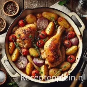 Hyperrealistische foodfoto van een eenpanschotel met kip in een brede geëmailleerde ovenschaal op een rustieke houten tafel, licht uitgezoomd zodat het tafelblad duidelijk zichtbaar is. Goudbruin geroosterde kippenbouten liggen tussen krielaardappeltjes, rode uiringen en geroosterde cherrytomaatjes in hun eigen braadjus, gegarneerd met takjes tijm en peterselie. Op tafel staan schaaltjes met grof zeezout en peper, een glas witte wijn, een houten lepel en een linnen doek in warm natuurlijk ovenlicht met een huiselijke premium foodmagazine uitstraling.